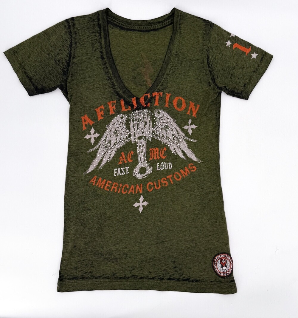 Affliction Shirt Womens Medium Green Pullover Short Sleeve Lightweight Rhineston